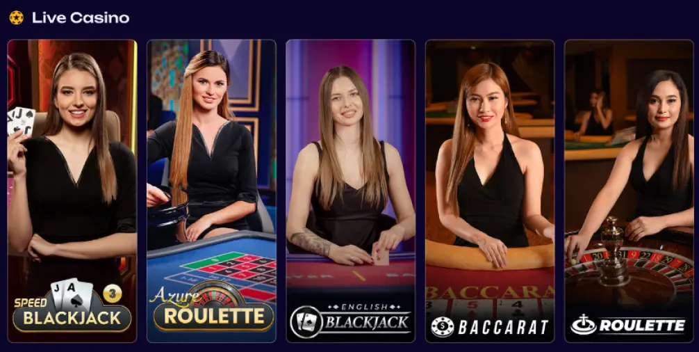 Live Casino-sectie met vijf speltegels met live dealers: Speed Blackjack, Azure Roulette, English Blackjack, Baccarat en Roulette, weergegeven als kaarten in het lobby-overzicht